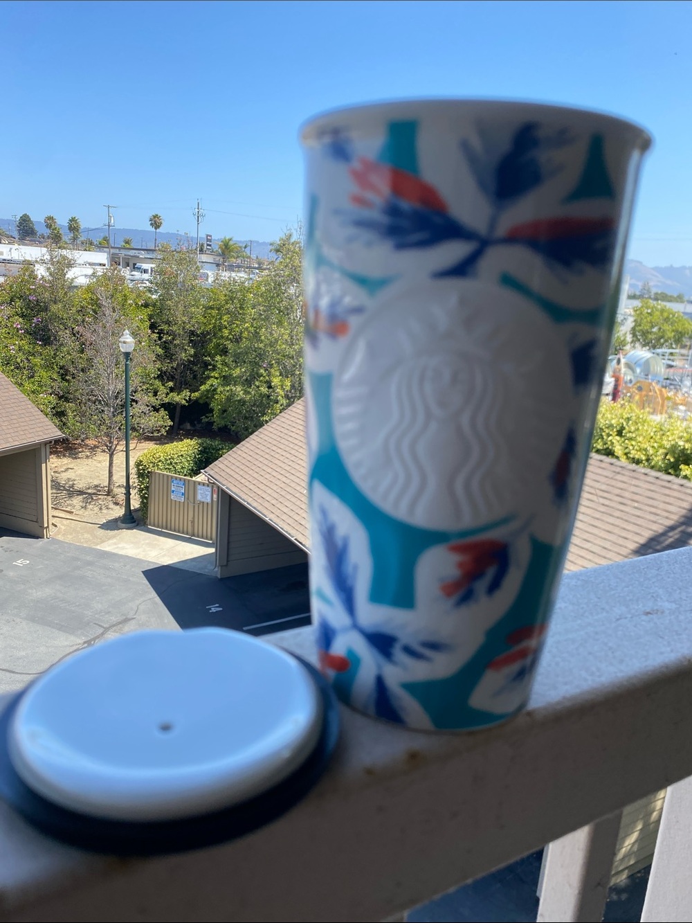 Starbucks Ceramic Travel Cup - Teal, Blue & Red Floral Motif